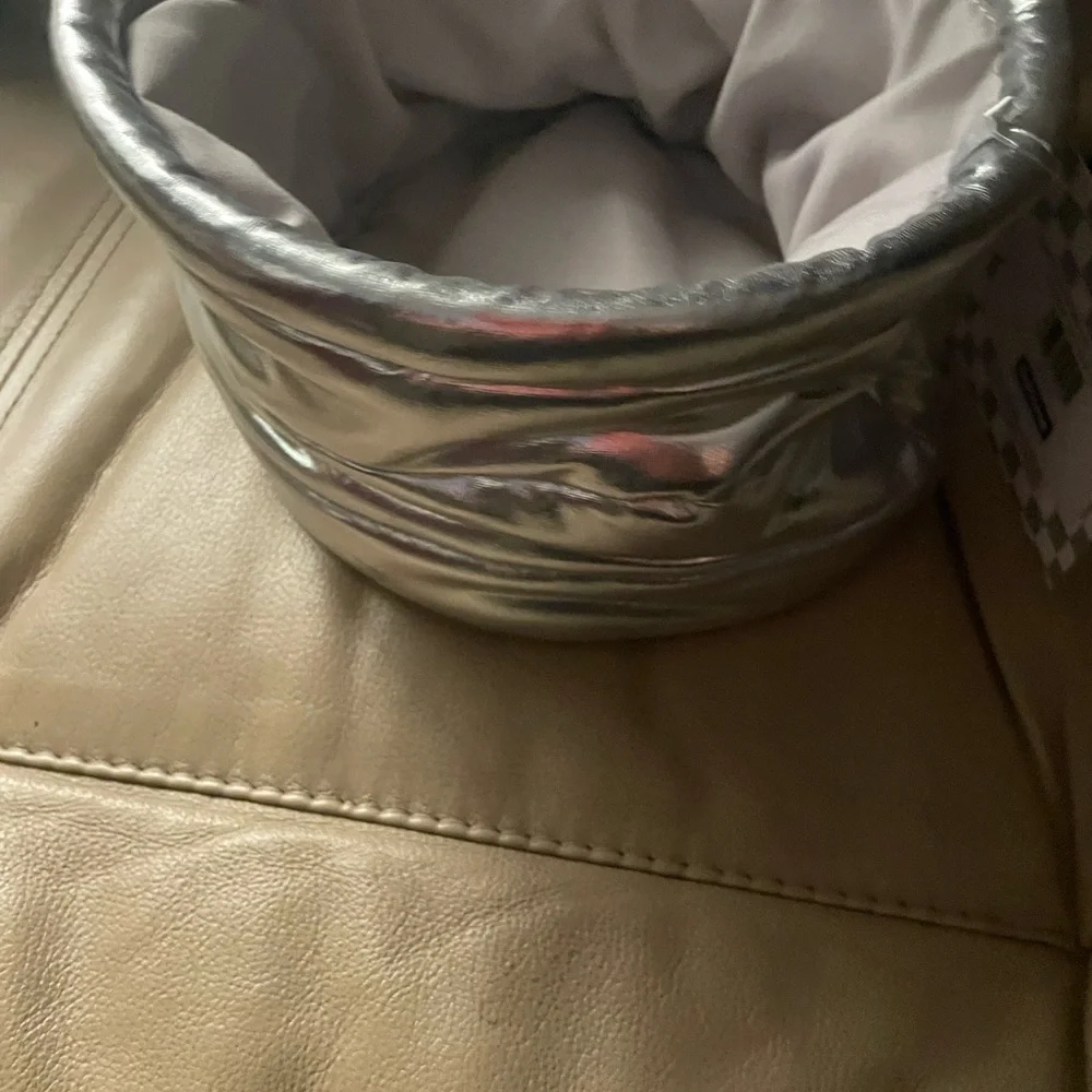 Silver Bucket Bag Trash Can Storage Waste NWT Shiny Sheen Room Decor Style Dorm